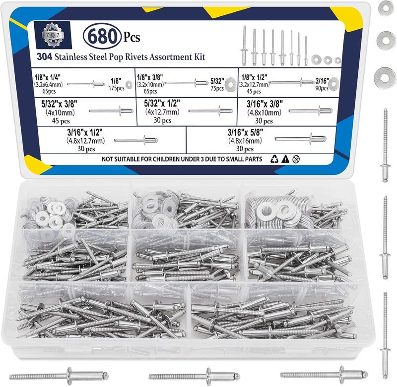 ZQZ 680Pcs Stainless Steel Pop Rivets, 8 Sizes Stainless Rivets with 1/8" 5/32" 3/16" Blind Rivets and Washers Assortment Kit - Image 1